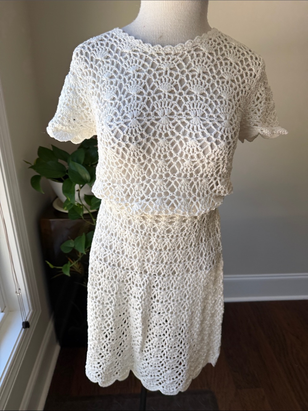 Hand Crafted Cream Crochet Midi Dress with Scalloped Trim
